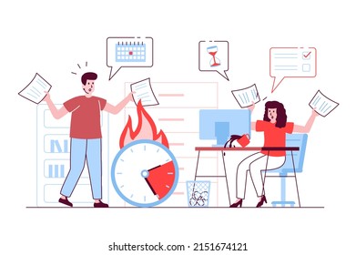 Deadline at office concept in flat line design. Worried man and woman rush to complete tasks from list, time is counting down for busy team. Vector illustration with outline people scene for web