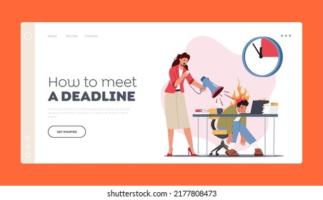 Deadline In Office Landing Page Template. Angry Furious Boss Female Character Yelling At Male Employee Scolding For Incompetent Work. Businessman Worker In Stress. Cartoon People Vector Illustration