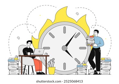 Frist im Amt. Männer mit Stapeln von Papieren vor dem Hintergrund der brennenden Uhr. Schlechtes Zeitmanagement und ineffiziente Arbeitsorganisation. Überarbeitete Mitarbeiter. Lineare Vektorgrafik