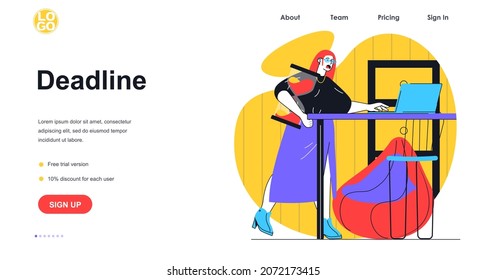 Plazo en el concepto de banner web de la oficina. Mujer con prisa por terminar la tarea, sosteniendo el reloj de arena. Plantilla de página de inicio de administración de tiempo y estrés en el trabajo. Ilustración de vectores con escenas de personas en diseño plano