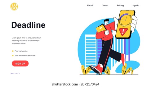 Deadline at office web banner concept. Man runs with phone in hand with counts down time. Stress at work and time management landing page template. Vector illustration with people scene in flat design