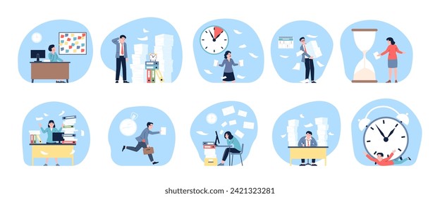 Deadline office work. Manager run, administrator working with papers and looking on clock. Paper piles, folders stacks, corporate stress recent vector scenes