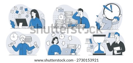 Deadline office work set. Women and men work near clock. Stress and mental pressure. Poor time management and inefficient workflow. Linear vector collection isolated on white background