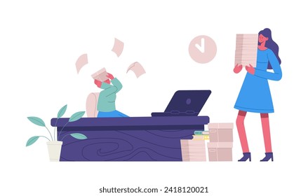 Deadline office work. Vector of business employee, illustration of job or worker, person character at computer under stress, manager cartoon professional