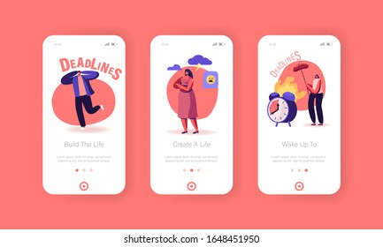 Deadline, Office Worker Frustration Mobile App Page Onboard Screen Set. Troubled Businesspeople Hurry at Work, Difficult Task, Stress Concept for Website or Web Page. Cartoon Flat Vector Illustration