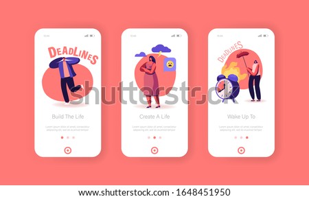 Deadline, Office Worker Frustration Mobile App Page Onboard Screen Set. Troubled Businesspeople Hurry at Work, Difficult Task, Stress Concept for Website or Web Page. Cartoon Flat Vector Illustration