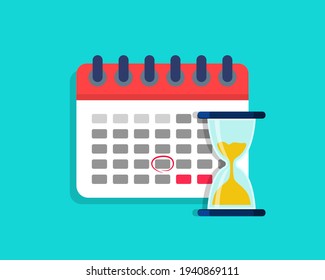 Deadline on calendar with hourglass. Plan of project with time on clock. Icon of schedule with hourglass. Concept of countdown, management and reminder. Duration of time to deadline. Vector.