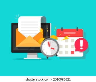 Deadline online task concept notified via calendar alarm notice and email message flat cartoon vector illustration, desktop computer project reminder important attention information received