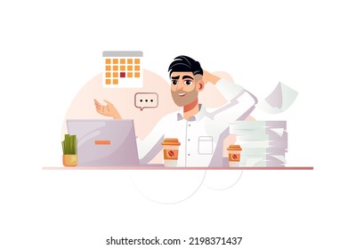 Deadline orange concept with people scene in the flat cartoon design. Employee with a lot of papers tries to complete all tasks in time. Vector illustration.