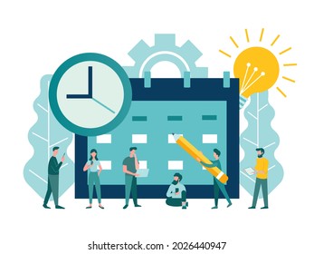 Deadline, organizer, teamwork, test, interview on the appointed date. The starting point or end of the project. Concept vector illustration.