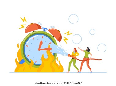 Deadline, Overtime, Time is Over Concept. Tiny Female Character Extinguish Huge Burning Alarm Clock with Ringing Bell. Office Women with Water Hose Fight with Blaze. Cartoon People Vector Illustration