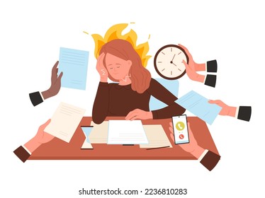 Deadline, overtime work vector illustration. Cartoon hands of busy office workers giving paper documents, phone to call and clock to tired sad overworked woman sitting at desk with fire behind head