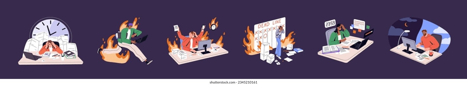 Deadline and overwork concept set. People lose time, work in fire and stress, hurry, tired in office, bad management, project fail and problems in planning. Flat isolated vector illustration on white