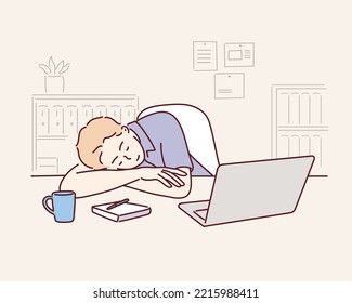 Plazo, exceso de trabajo, sueño, concepto de negocio. Cansados, agotados y sobrecargados empleados de oficina, gerente de oficina durmiendo tomando siesta en la mesa de trabajo de la oficina.Dibujo de diseño de vectores de estilo dibujado por mano