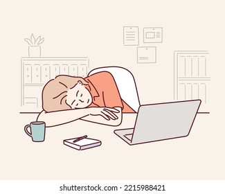 Deadline, overworking, sleep,  business concept. Tired exhausted overworked businessman clerk manager sleeping taking nap on office workplace table.Hand drawn style vector design illustration