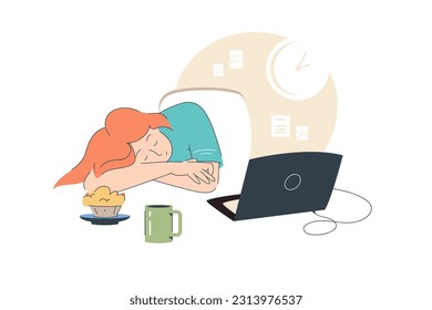 Deadline, overworking, sleep, business concept. Tired exhausted overworked businessman clerk manager sleeping taking nap on office workplace table.Hand drawn style vector design illustration