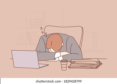 Deadline, overworking, sleep, overload, business concept. Tired exhausted overworked businessman clerk manager sleeping taking nap on office workplace table. Mental stress and tiredness illustration.