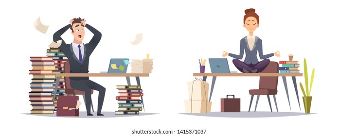 Deadline Panicked Businessman And Organized Business Woman. Two Type Of Businesspeople Vector Concept. Illustration Of Business Worker Stress Panicking And Relaxation Yoga
