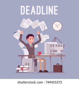 Deadline in paper work. Young male office employee unhappy with overload, throwing documents failed to complete job in time. Vector flat style cartoon illustration isolated on blue background