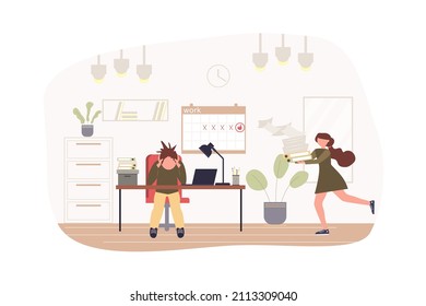 Deadline and paperwork at office modern flat concept. Tired employee sits at table, secretary hurries with documents. Stress and problems. Vector illustration with people scene for web banner design