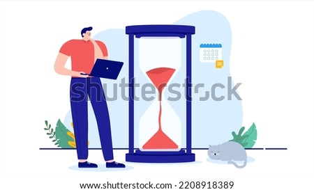 Deadline - Person standing with computer and sand timer glass watching time running out. Flat design vector illustration with white background