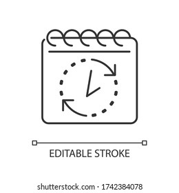 Deadline pixel perfect linear icon. Countdown to project. Time control for task. Month agenda. Thin line customizable illustration. Contour symbol. Vector isolated outline drawing. Editable stroke