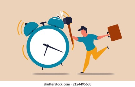 Deadline verschieben Wecker mit Hammer und Mann. Erwecken Sie Traumbüros und erinnern Sie sich an das Vektorgrafik-Konzept. Aufschub und Verdrängung Produktivität Person. Geschäftsplan später