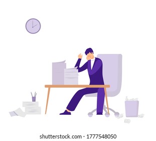 Deadline preparation in office illustration. Tired upset character with bundles of documents trying to prepare report for delivery busy schedule of vector businessman.