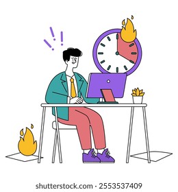 Deadline pressure concept. A businessman works at his desk as time ticks away, flames symbolize urgency. Conveying work stress and time management challenge. Vector illustration.