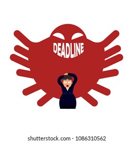 Deadline pressure on businessman - office worker is scared of big ghost with wicked smile in form of word deadline isolated on white background. Time management concept in flat vector illustration.