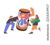Deadline pressure and time management concept. Funny employees team and hourglass countdown. Tiny people are late with business, urgent work. Flat vector illustration isolated on white background