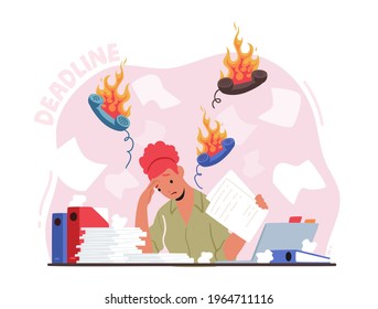 Deadline, Problem at Work Concept. Depressed Stressed Businesswoman Sitting Under Burning Phone Tubes over Head. Overloaded Employee with Documents Mess on Desk, Stress. Cartoon Vector Illustration