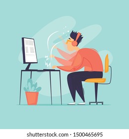 Deadline, the programmer works intensively, business, a lot of work. Flat design vector illustration.
