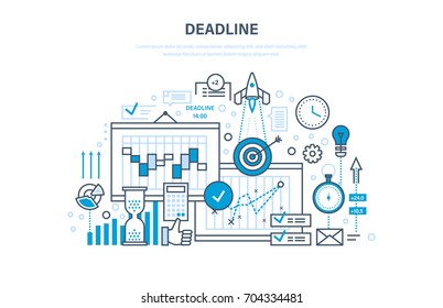 Deadline, Project Management, Planning, Implementation Deadlines And Time Management, Process Control. Calculation And Analysis, Marketing, Statistic. Illustration Thin Line Design Of Vector Doodles.