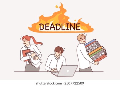 Deadline puts pressure on business people rushing to complete project using laptop or running around with papers. Problem impossible deadline and lack productivity causes stress among office workers