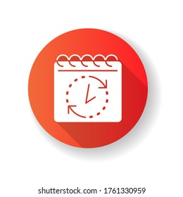 Icono de glifo de sombra larga de diseño plano rojo de fecha límite. Cuenta atrás para el proyecto. Control de tiempo para la tarea. Agenda mensual. Organización diaria de trabajo de oficina. Programar para freelance. Ilustración de color RGB de silueta