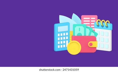 Deadline reminder regular banking payment with cash dollar money and coins 3d isometric vector illustration. Calculating monthly household expenses budget with calendar, calculator and bill agreement