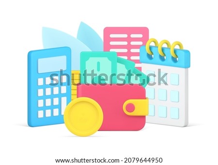Deadline reminder regular banking payment with cash dollar money and coins 3d isometric vector illustration. Calculating monthly household expenses budget with calendar, calculator and bill agreement