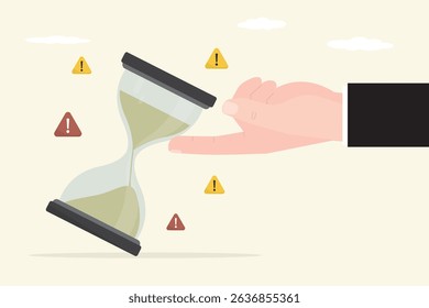 Deadline, sandglass. Patience time. Project or task deadline, running out time management. Businessman or employee hand trying to stop hourglass or hourglass before fall. flat vector illustration