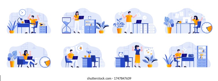 Deadline scenes bundle with people characters. Tired employees hurrying up on deadline at workplace, stressful situation and overtime work. Time management and effectivity flat vector illustration.