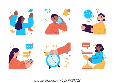 Deadline set color concept with people scene in the flat cartoon style. Workers tries to complete many tasks in time. Vector illustration.