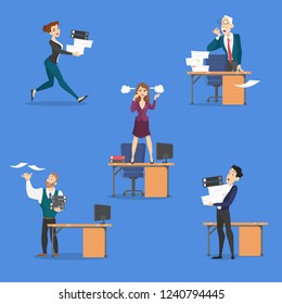 Deadline set. Idea of many work and few time. Employee in a hurry. Panic and stress in office. Business problems. Flat vector illustration