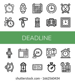 deadline simple icons set. Contains such icons as Alarm clocks, Wall clock, Wristwatch, Time out, Schedule, Clock, Circular clock, Timer, can be used for web, mobile and logo
