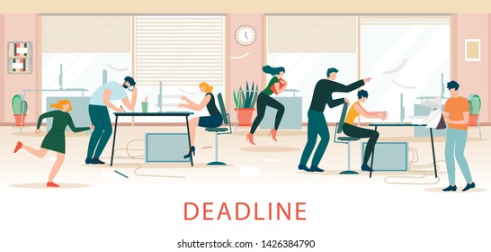 Deadline Situation, Office Chaos, Time Shortage. Stressed Office Workers Hurry Up with Job, Work Rush, Busy, Nervous Colleagues Fussing at Workplace. Overwork People, Cartoon Flat Vector Illustration