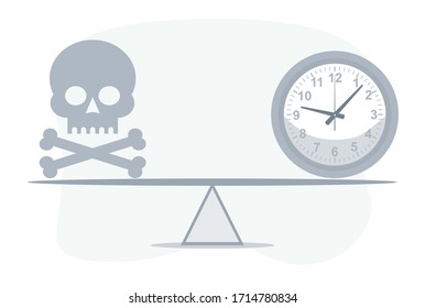 Deadline. Skull with a clock on seesaw. Not enough time. Vector flat design illustration.