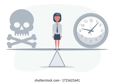 Deadline. Skull with a clock on seesaw. Not enough time. Vector flat design illustration.