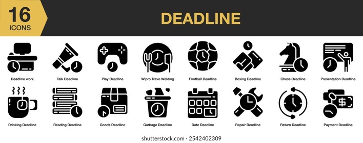 Deadline solid icon set. Includes football, garbage, goods, payment, play, presentation, reading, talk, and More. Solid icons vector collection.