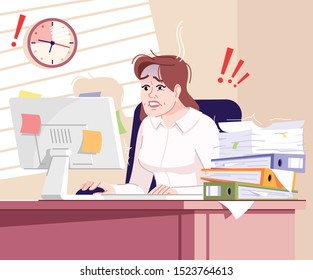 Deadline stress flat vector illustration. Tired office manager sitting behind table with paperwork pile cartoon character. Time management failure. Frustrated businesswoman working on computer