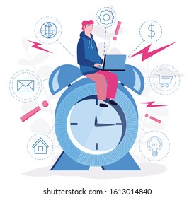 Deadline. Stress in the office. Multitasking, Rush work. Vector illustration for web banner, infographics, mobile. Tired and exasperated businessman is sitting on  clock, 