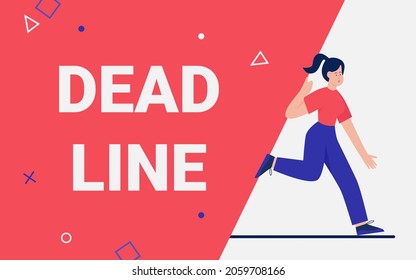 Deadline, stress time management concept vector illustration. Cartoon busy stressed woman character running fast from deadline lettering, person rushing in hurry and panic to get on time background